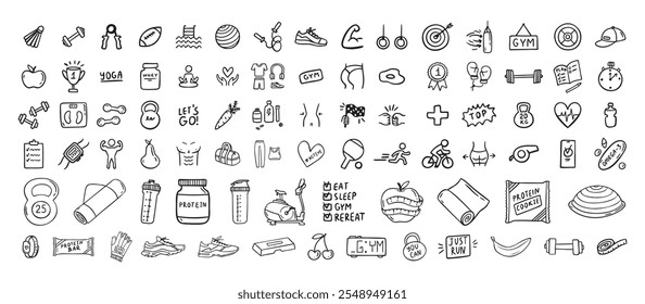 Iconos de la aptitud, del deporte y de la salud garabato dibujado a mano conjunto. Símbolos aislados de estilo de vida saludable. Ilustración vectorial