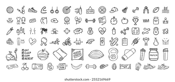 Iconos de la aptitud, del deporte y de la salud garabato dibujado a mano conjunto. Símbolos aislados de estilo de vida saludable. Ilustración vectorial