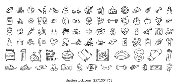 Fitness, sport and health icons doodle hand drawn set. Healthy lifestyle isolated symbols. Vector illustration