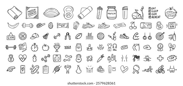 Fitness, sport and health icons doodle hand drawn set. Healthy lifestyle isolated symbols. Vector illustration