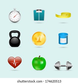 Fitness sport healthcare realistic icons set of scales apple and dumbbells vector illustration