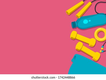 Fitness, sport and healthy lifestyle banner with copy space and training equipment  on a pink background. Poster template with sports equipment, weights, rope, towel, hand grippers and headphones.