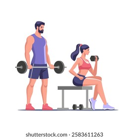 Fitness, sport and healthy lifestyle. Couple engaged in strength training at the gym, with a man lifting weights and a woman exercising on a bench in workout attire. Vector illustration.