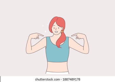 Fitness, sport healthy lifestyle and shape concept. Young smiling beautiful sporty woman cartoon character wearing sportswear looking confident pointing on herself with fingers feeling proud happy