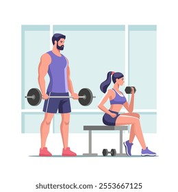 Fitness, sport and healthy lifestyle. Sports couple is working out at gym with barbell and dumbbelle for muscle, wellness and healthy body. Vector illustration in minimalistic style.