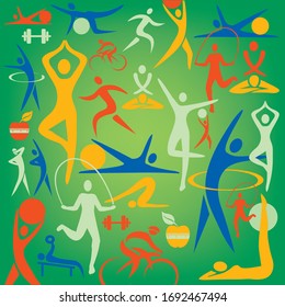 Fitness and sport icons decorative background.
Colorful Illustration with sport and healthy lifestyle symbols.Vector available.