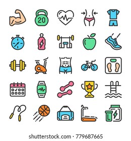 Fitness and sport icons set. GYM symbols. Line style - Shutterstock ID 779687665
