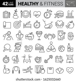 Fitness and sport icons set. Healthy lifestyle symbols. Line style