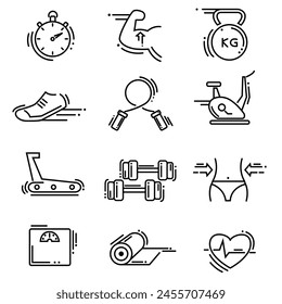 Fitness and sport icons set. Healthy lifestyle symbols. Line style. Collection Outline symbol fitness, gym and health care
