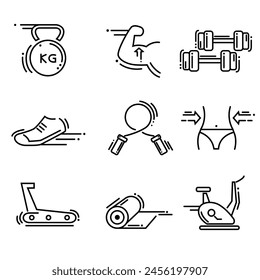 Fitness and sport icons set. Healthy lifestyle symbols. Line style. Collection Outline symbol fitness, gym and health care

