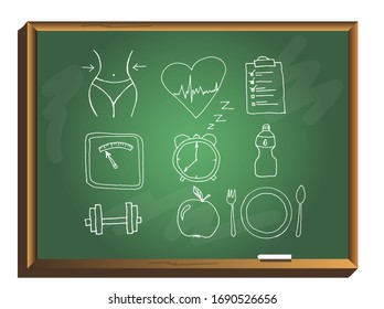 Fitness and sport icons set on chalkboard background. Collection of icons related to healthy lifestyle, healthy eating, diet, exercise, relaxing. Healthy lifestyle symbols. Line style.