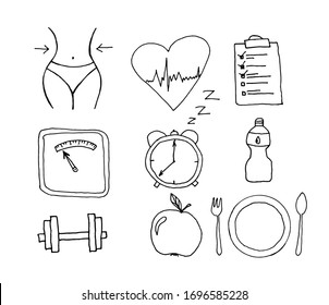 Fitness and sport icons set on white background. Collection of icons related to healthy lifestyle, healthy eating, diet, exercise, relaxing. Healthy lifestyle symbols. Line style.