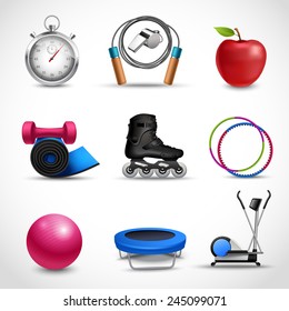 Fitness and sport icons set with stopwatch apple dumbbell isolated vector illustration