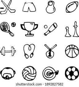 fitness and sport isolated hand drawn icons set on white background.