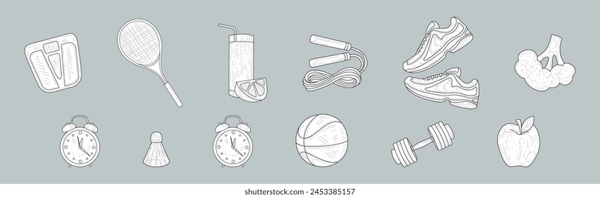 Fitness and Sport Lifestyle Hand Drawn Sketch Vector Set