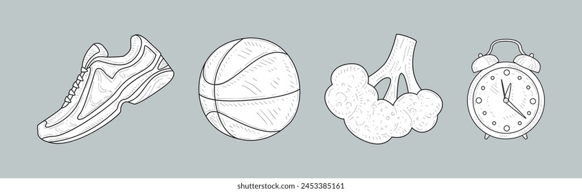 Fitness and Sport Lifestyle Hand Drawn Sketch Vector Set