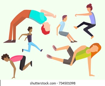 Fitness sport parkour people concept young person jumping extreme running danger gymnastics exercising vector illustration