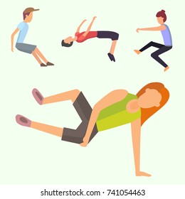 Fitness sport parkour people concept young person jumping extreme running danger gymnastics exercising vector illustration