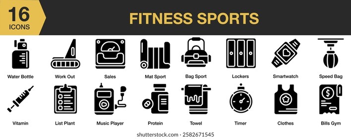 Fitness Sport solid icon set. Includes training, workout, exercise, healthy, fitness, and More. Solid icons vector collection.