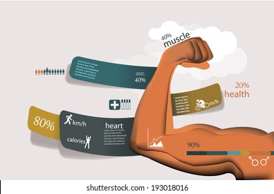 Fitness and sport statistics, health infographics with muscle arm