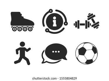 Fitness sport symbols. Chat, info sign. Football ball, Roller skates, Running icons. Gym workout equipment. Classic style speech bubble icon. Vector