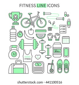 
Fitness and sport thin line icons set. Modern flat linear vector icons.