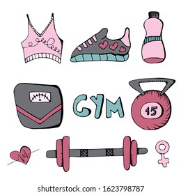 Fitness and sport tools and elements hand drawn illustration. Vector flat design set with dumbbells sport shoes sportswear 