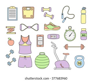 Fitness and sport tools and elements icons. Vector set with dumbbells sport shoes sportswear