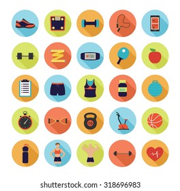 Fitness and sport tools and elements vector flat design icons set