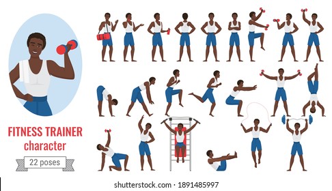 Fitness sport trainer man poses vector illustration set. Cartoon young sportive male character in sportswear holding dumbbells, posing in different exercise positions, gym workout isolated on white