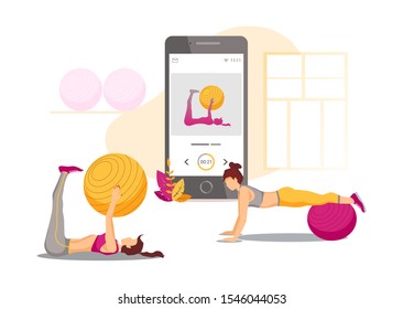 Fitness, Sport training, Healthy lifestyle, Mobile application concept. Phone with fitness app and women training with stability balls. Vector illustration for poster, banner, flyer, brochure.