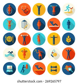 Fitness, sport vector flat icons set with shadows