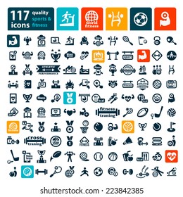 Fitness and Sport vector icons for web and mobile. All elements are grouped.