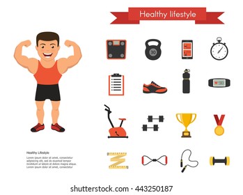 Fitness and sport vector illustration with athletic man cartoon character with fitness tools and elements icons set in flat style