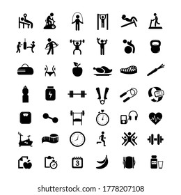 Fitness and Sport vector simple icons for web and mobile. Black color silhouette people and sport equipment.