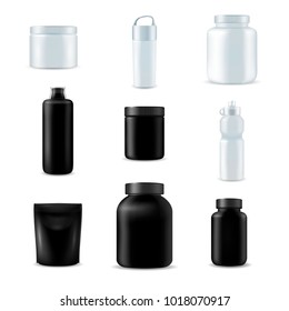 Fitness sport water and nutrition bottles from eco friendly materials realistic white black set isolated vector illustration  