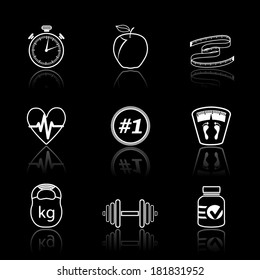 Fitness sport wellness healthcare icons set on black background isolated vector illustration