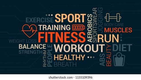 Fitness, sport and wellness tag cloud with icons and concepts