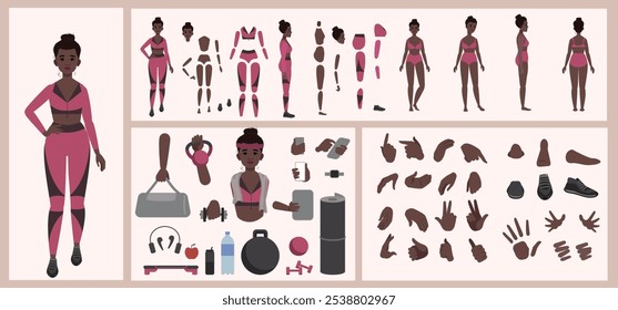 Fitness deporte mujer constructor adecuado para la animación. Generador de diversos ojos, labios, expresiones emocionales, animación bucal y sincronización de labios. Cara del personaje de la mujer de yoga y construcción del cuerpo.