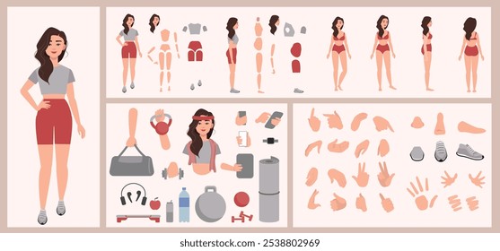 Fitness deporte mujer constructor adecuado para la animación. Generador de diversos ojos, labios, expresiones emocionales, animación bucal y sincronización de labios. Cara del personaje de la mujer de yoga y construcción del cuerpo.