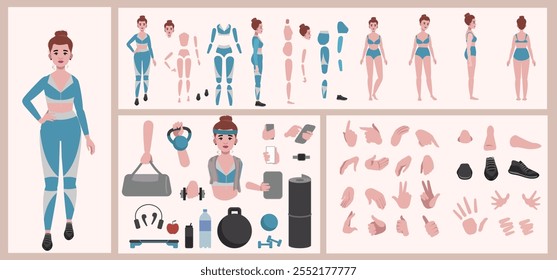 Fitness deporte mujer constructor adecuado para la animación. Generador de diversos ojos, labios, expresiones emocionales, animación bucal y sincronización de labios. Cara del personaje de la mujer de yoga y construcción del cuerpo.