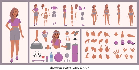 Fitness deporte mujer constructor adecuado para la animación. Generador de diversos ojos, labios, expresiones emocionales, animación bucal y sincronización de labios. Cara del personaje de la mujer de yoga y construcción del cuerpo.