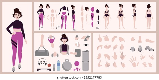 Fitness deporte mujer constructor adecuado para la animación. Generador de diversos ojos, labios, expresiones emocionales, animación bucal y sincronización de labios. Cara del personaje de la mujer de yoga y construcción del cuerpo.