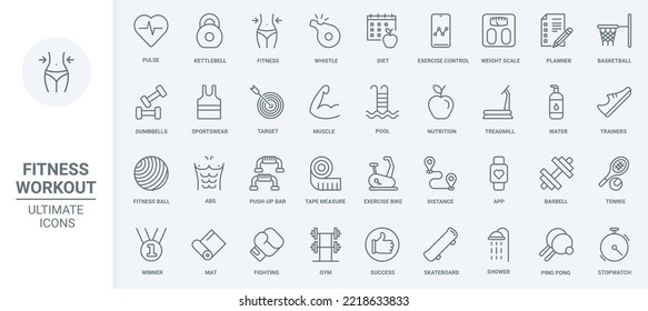 Fitness sport workout in gym thin line icons set vector illustration. Outline kettlebell and barbell, dumbbell and treadmill for healthy training, weight control and loss, pulse measuring mobile app