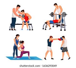 Fitness, sportive people and trainer scene set. Personal sport instructor working with man, woman athlete at gym. Bodybuilding, muscle pumping, stretching, bench press boxing. Vector illustration