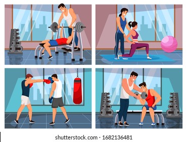 Fitness, sportive people and trainer scene set. Personal sport instructor working with man, woman athlete at gym. Bodybuilding, muscle pumping, stretching, bench press boxing. Vector illustration