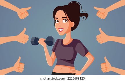 Ilustración de la caricatura del vector de reconocimiento a la deportista Fitness. Alegre e influyente de fitness con confianza recibiendo frases y validación 
