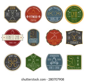 Fitness and sports athletic performance vintage labels set flat isolated vector illustration