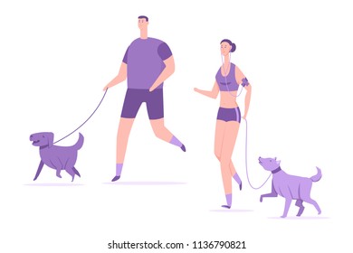 Fitness and sports with dogs. Young couple run with pets vector cartoon flat illustration isolated on white background.