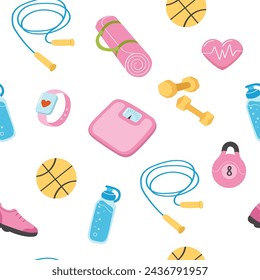 Fitness and sports equipment seamless pattern. Set of elements for physical exercise - sneakers, yoga mat, dumbbells and others. Bright background for printing on fabric, packaging, paper.